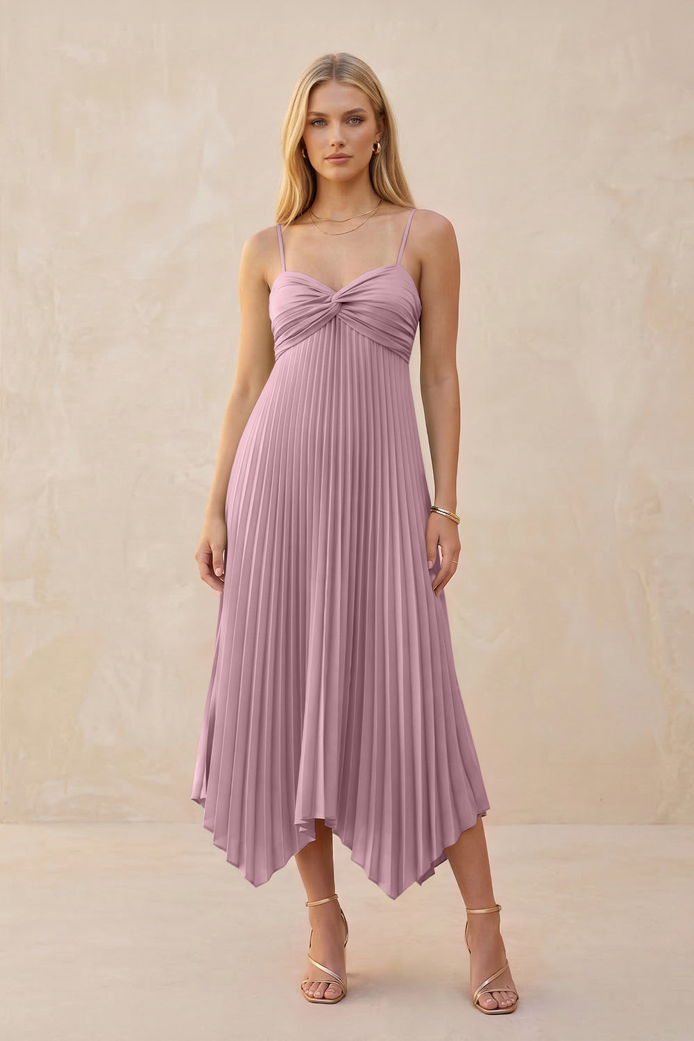 Spaghetti Strap Pleated A-Line Chiffon Midi Bridesmaid Dress in Vintage Mauve