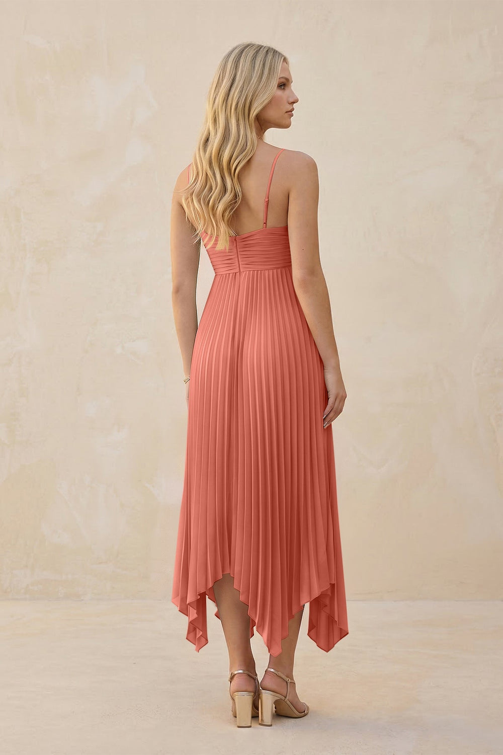Spaghetti Strap Pleated A - Line Chiffon Midi Bridesmaid Dress in Wild Rose - KISS BRIDAL Bridesmaid Dresses