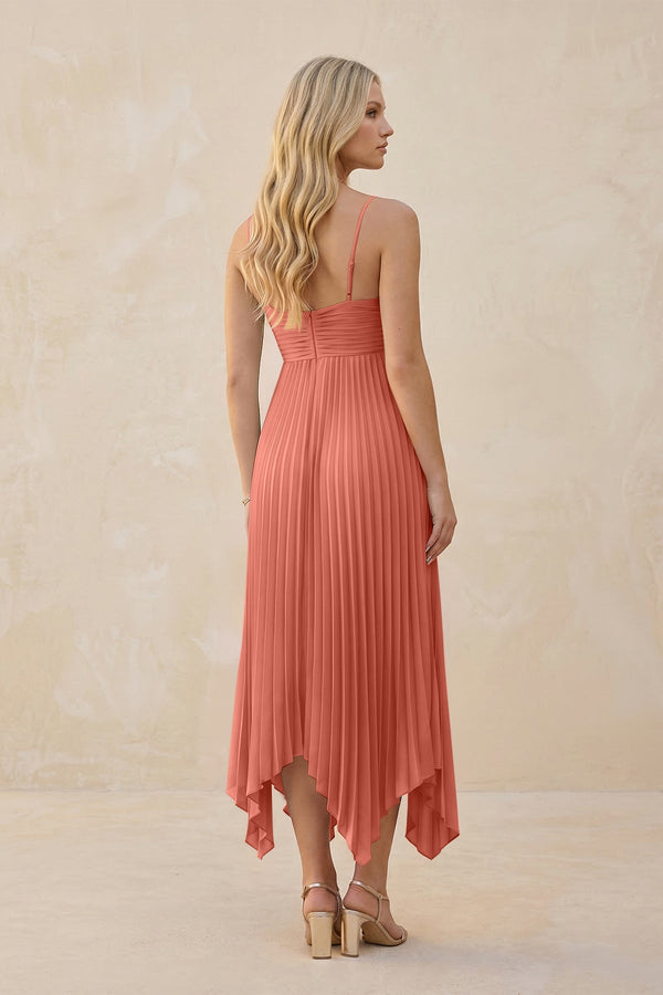 Spaghetti Strap Pleated A - Line Chiffon Midi Bridesmaid Dress in Wild Rose - KISS BRIDAL Bridesmaid Dresses