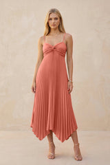Spaghetti Strap Pleated A - Line Chiffon Midi Bridesmaid Dress in Wild Rose - KISS BRIDAL Bridesmaid Dresses