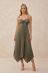 Spaghetti Strap Pleated A - Line Chiffon Midi Bridesmaid Dress in Willow Green - KISS BRIDAL Bridesmaid Dresses