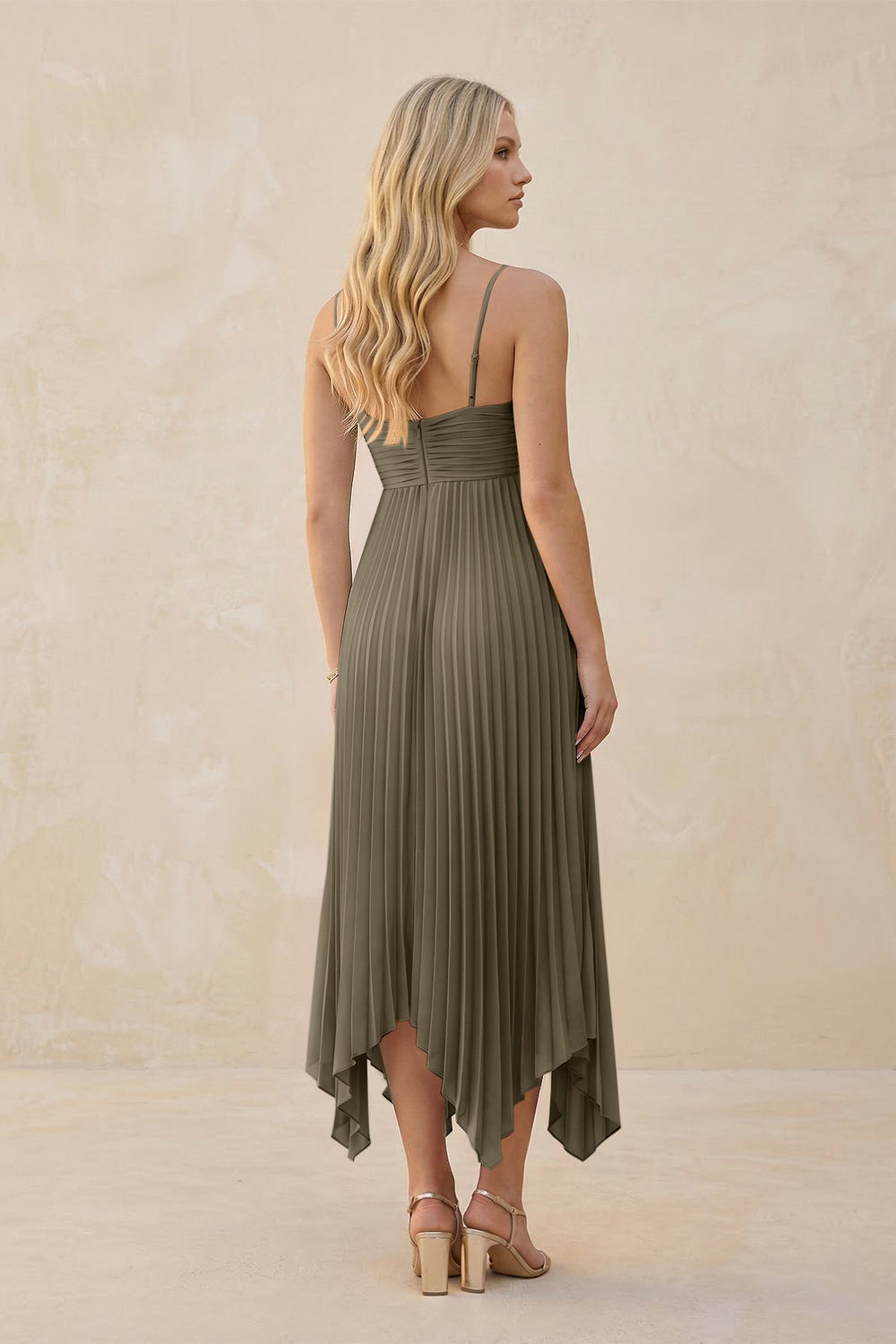 Spaghetti Strap Pleated A - Line Chiffon Midi Bridesmaid Dress in Willow Green - KISS BRIDAL Bridesmaid Dresses