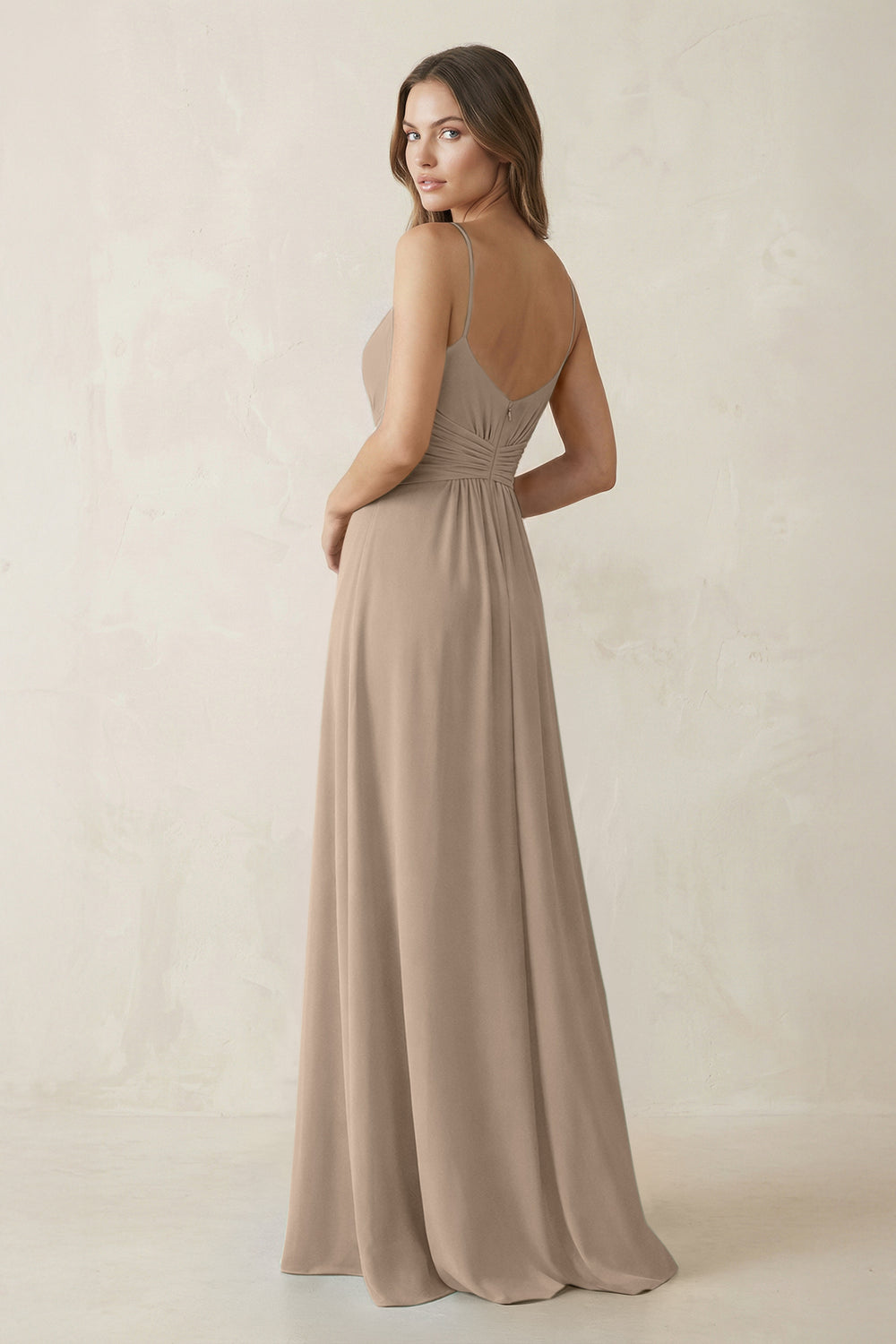 Spaghetti Strap Ruched Chiffon A-Line Bridesmaid Dress in Almond