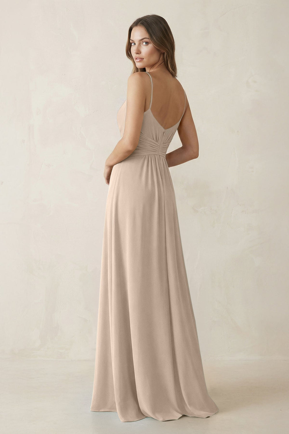 Spaghetti Strap Ruched Chiffon A - Line Bridesmaid Dress in Almond - KISS BRIDAL Bridesmaid Dresses