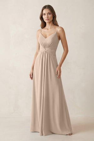 Spaghetti Strap Ruched Chiffon A - Line Bridesmaid Dress in Almond - KISS BRIDAL Bridesmaid Dresses