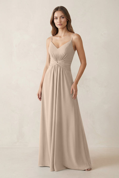 Spaghetti Strap Ruched Chiffon A - Line Bridesmaid Dress in Almond - KISS BRIDAL Bridesmaid Dresses