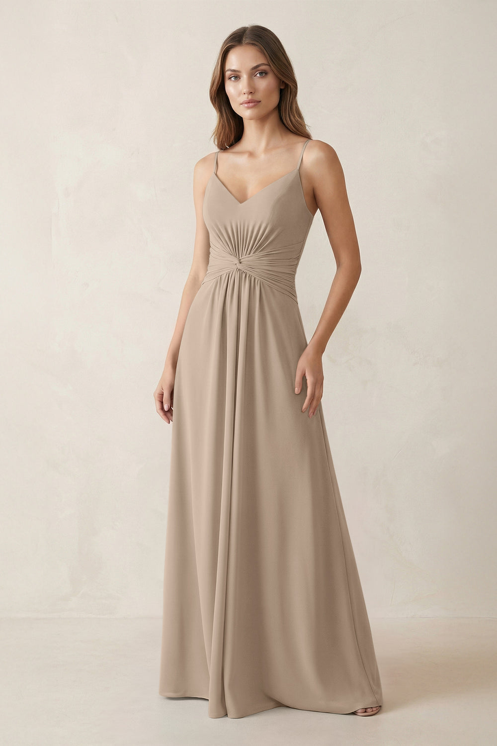 Spaghetti Strap Ruched Chiffon A-Line Bridesmaid Dress in Almond