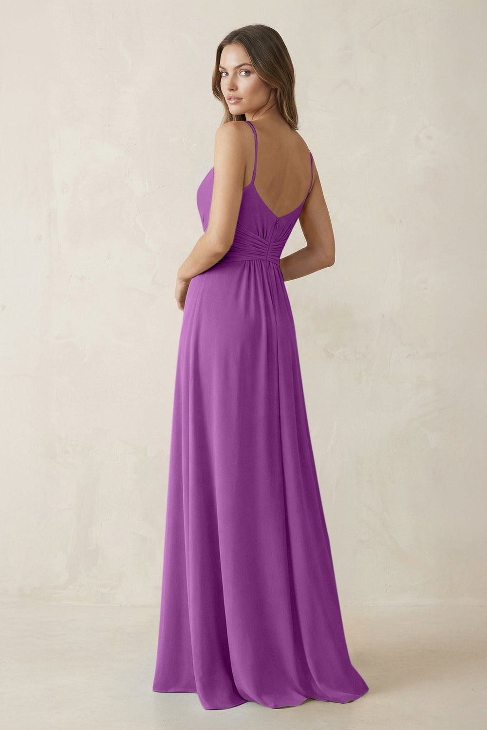 Spaghetti Strap Ruched Chiffon A - Line Bridesmaid Dress in Amethyst - KISS BRIDAL Bridesmaid Dresses