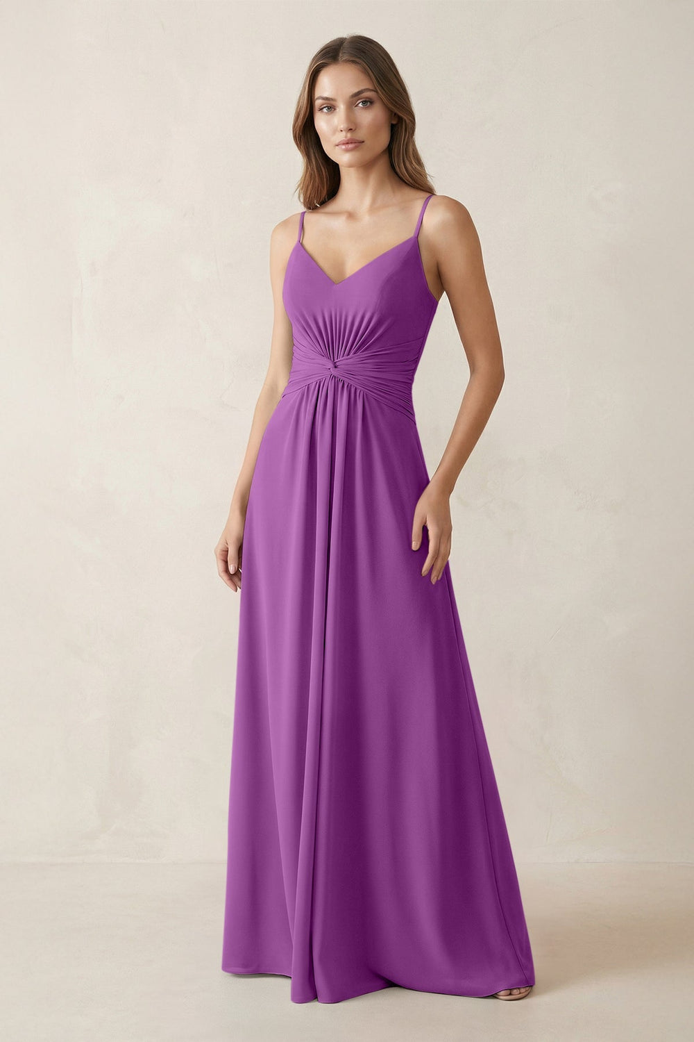 Spaghetti Strap Ruched Chiffon A - Line Bridesmaid Dress in Amethyst - KISS BRIDAL Bridesmaid Dresses