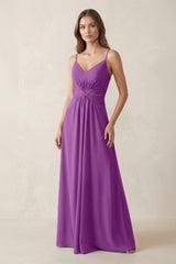 Spaghetti Strap Ruched Chiffon A - Line Bridesmaid Dress in Amethyst - KISS BRIDAL Bridesmaid Dresses