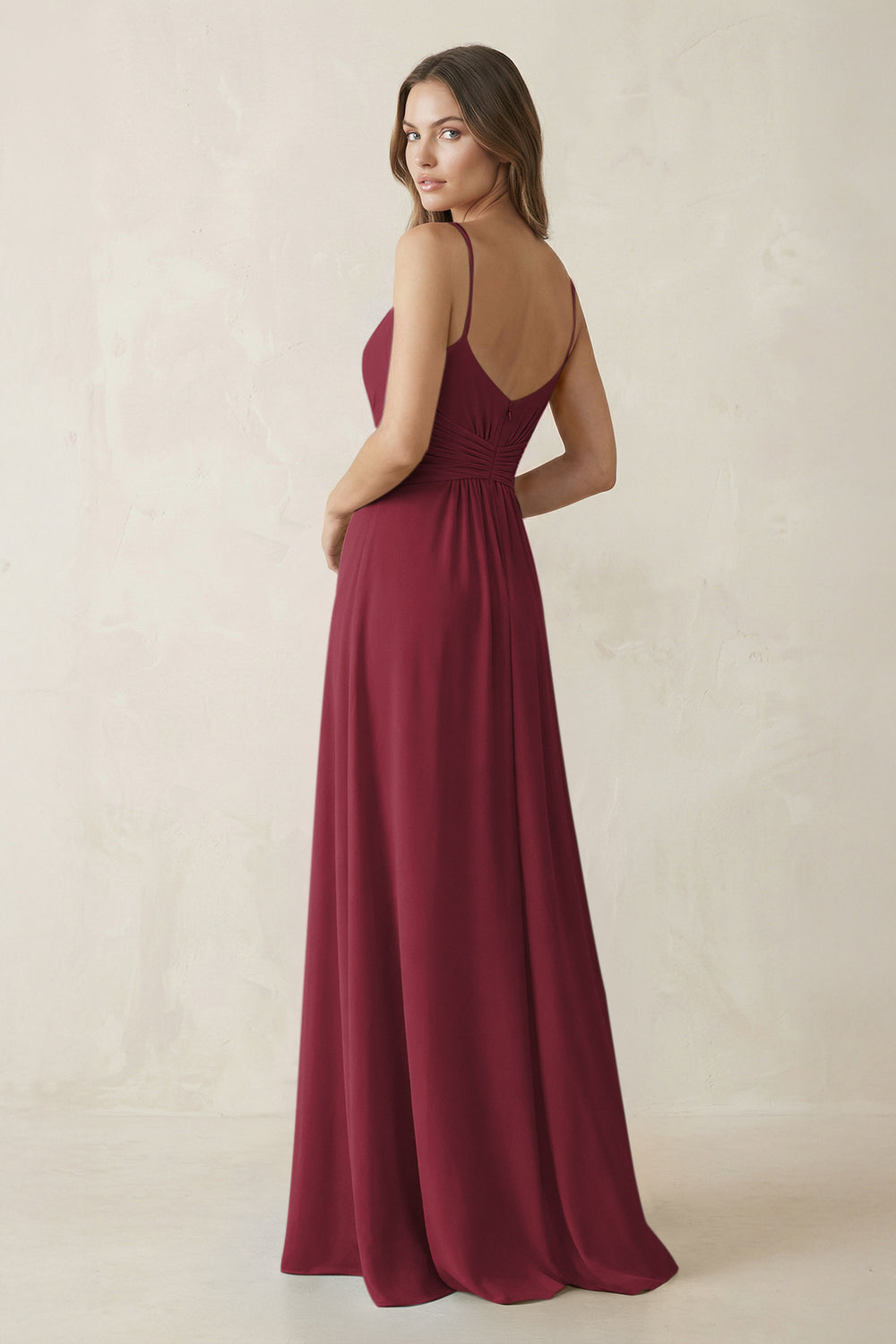 Spaghetti Strap Ruched Chiffon A-Line Bridesmaid Dress in Berry