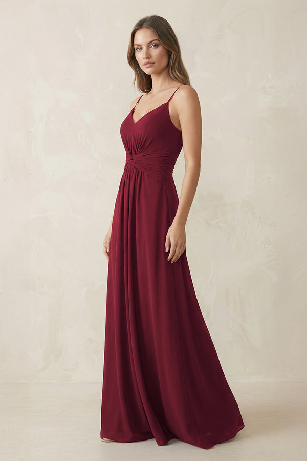 Spaghetti Strap Ruched Chiffon A-Line Bridesmaid Dress in Berry (3) | KISSBRIDAL