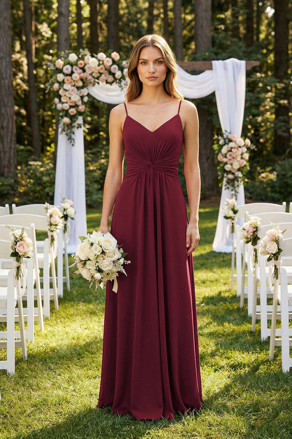 Spaghetti Strap Ruched Chiffon A-Line Bridesmaid Dress in Berry (4) | KISSBRIDAL