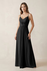 Spaghetti Strap Ruched Chiffon A - Line Bridesmaid Dress in Black - KISS BRIDAL Bridesmaid Dresses