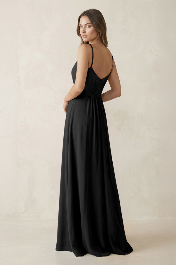 Spaghetti Strap Ruched Chiffon A - Line Bridesmaid Dress in Black - SHE IS ME Bridesmaid Dresses