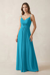 Spaghetti Strap Ruched Chiffon A - Line Bridesmaid Dress in Blue Jay - KISS BRIDAL Bridesmaid Dresses
