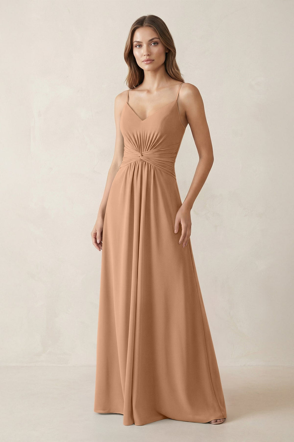 Spaghetti Strap Ruched Chiffon A - Line Bridesmaid Dress in Bronzer - KISS BRIDAL Bridesmaid Dresses