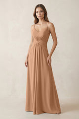 Spaghetti Strap Ruched Chiffon A - Line Bridesmaid Dress in Bronzer - KISS BRIDAL Bridesmaid Dresses