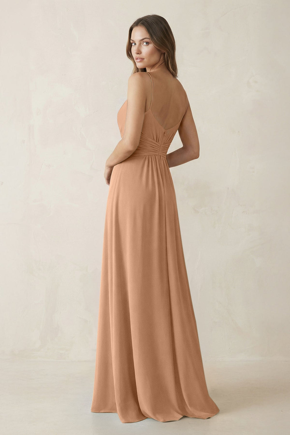 Spaghetti Strap Ruched Chiffon A - Line Bridesmaid Dress in Bronzer - KISS BRIDAL Bridesmaid Dresses