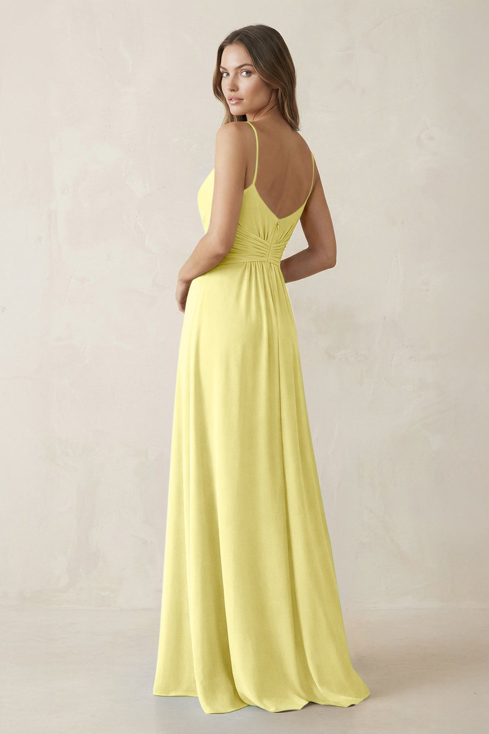 Spaghetti Strap Ruched Chiffon A - Line Bridesmaid Dress in Buttercup - KISS BRIDAL Bridesmaid Dresses