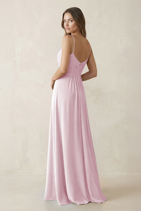 Spaghetti Strap Ruched Chiffon A-Line Bridesmaid Dress in Candy Pink (2) | KISSBRIDAL