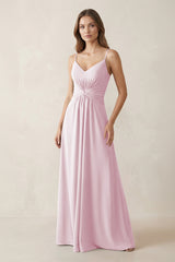 Spaghetti Strap Ruched Chiffon A-Line Bridesmaid Dress in Candy Pink | KISSBRIDAL