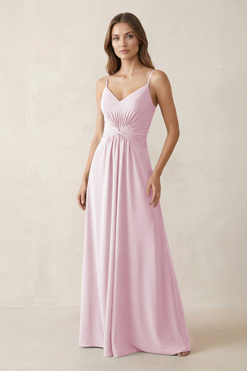 Spaghetti Strap Ruched Chiffon A-Line Bridesmaid Dress in Candy Pink | KISSBRIDAL