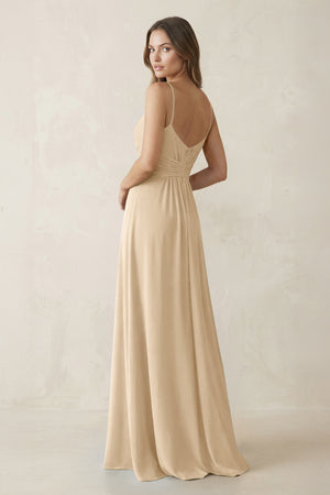 Spaghetti Strap Ruched Chiffon A-Line Bridesmaid Dress in Champagne (2) | KISSBRIDAL