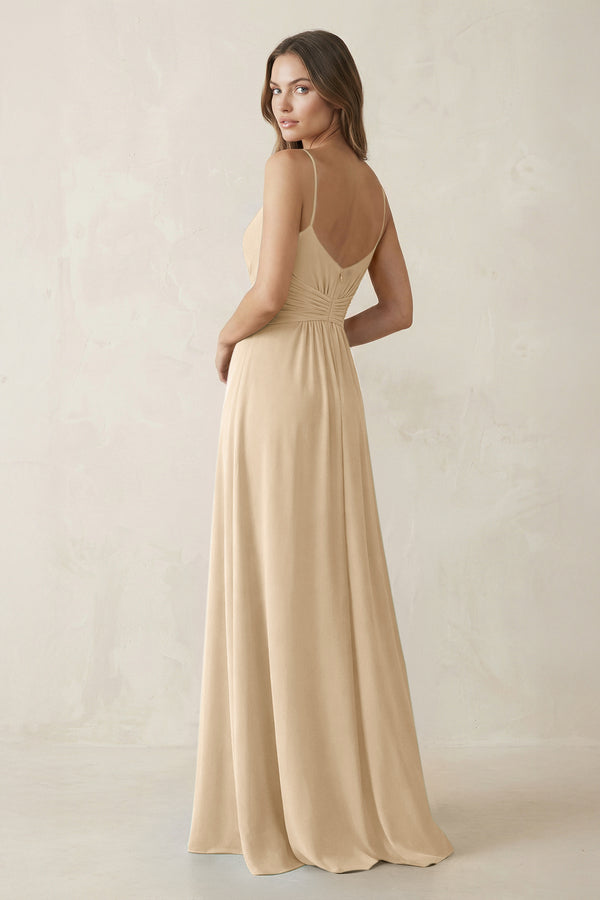 Spaghetti Strap Ruched Chiffon A-Line Bridesmaid Dress in Champagne (2) | KISSBRIDAL