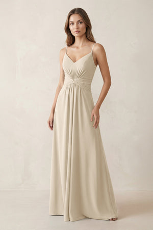 Spaghetti Strap Ruched Chiffon A - Line Bridesmaid Dress in Champagne - SHE IS ME Bridesmaid Dresses