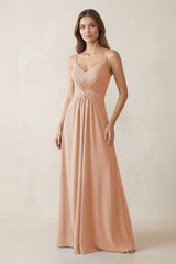 Spaghetti Strap Ruched Chiffon A - Line Bridesmaid Dress in Champagne Rose - KISS BRIDAL Bridesmaid Dresses