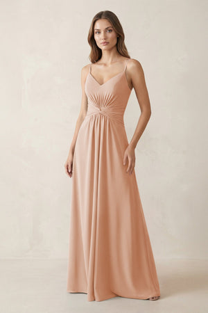 Spaghetti Strap Ruched Chiffon A - Line Bridesmaid Dress in Champagne Rose - SHE IS ME Bridesmaid Dresses