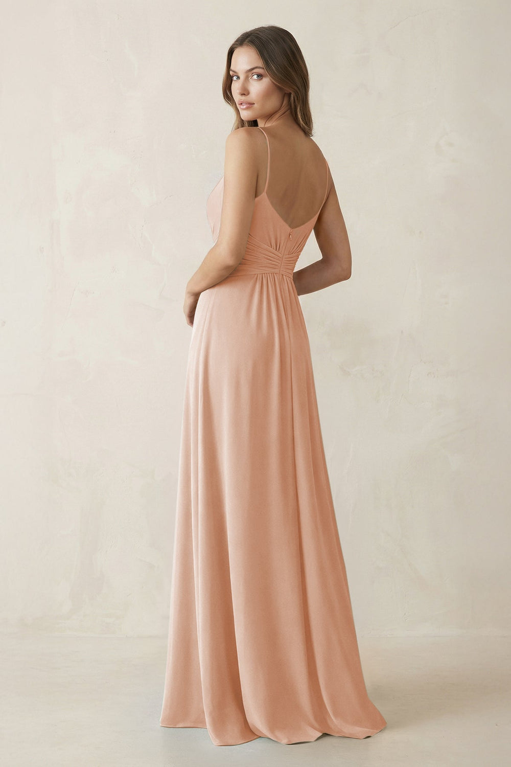 Spaghetti Strap Ruched Chiffon A - Line Bridesmaid Dress in Champagne Rose - KISS BRIDAL Bridesmaid Dresses