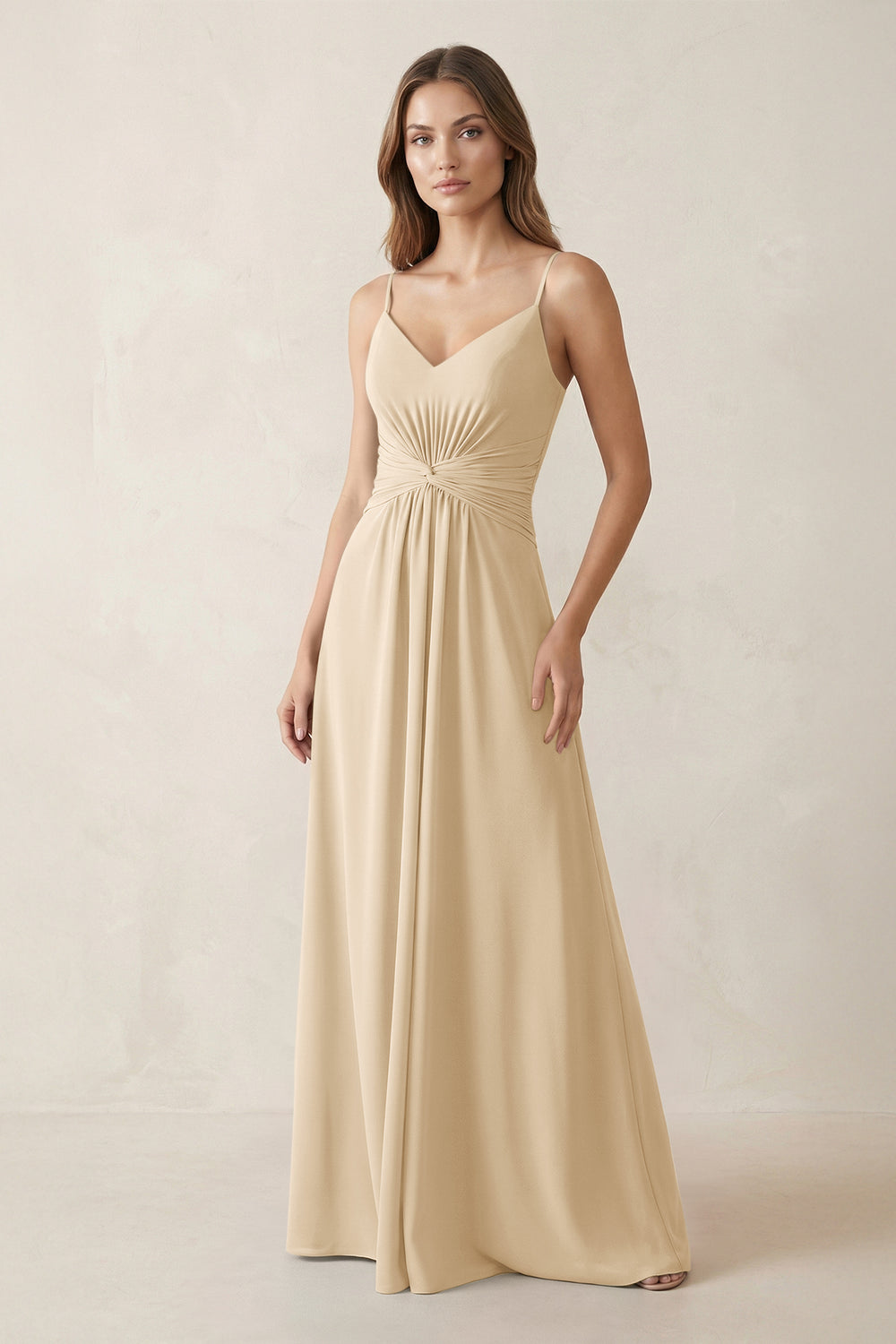 Spaghetti Strap Ruched Chiffon A-Line Bridesmaid Dress in Champagne