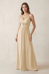 Spaghetti Strap Ruched Chiffon A-Line Bridesmaid Dress in Champagne | KISSBRIDAL