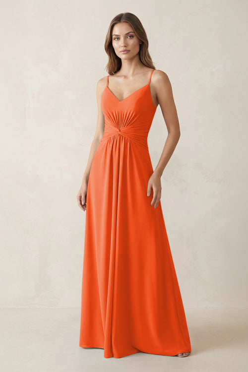 Spaghetti Strap Ruched Chiffon A-Line Bridesmaid Dress in Cinnamon | KISSBRIDAL