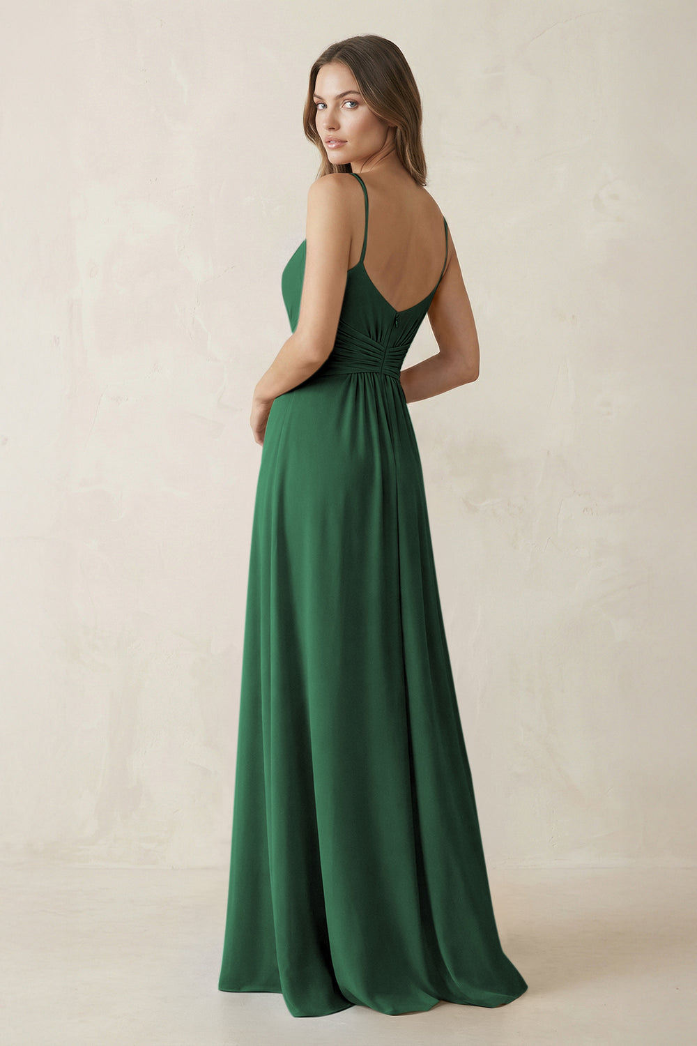Spaghetti Strap Ruched Chiffon A-Line Bridesmaid Dress in Dark Green