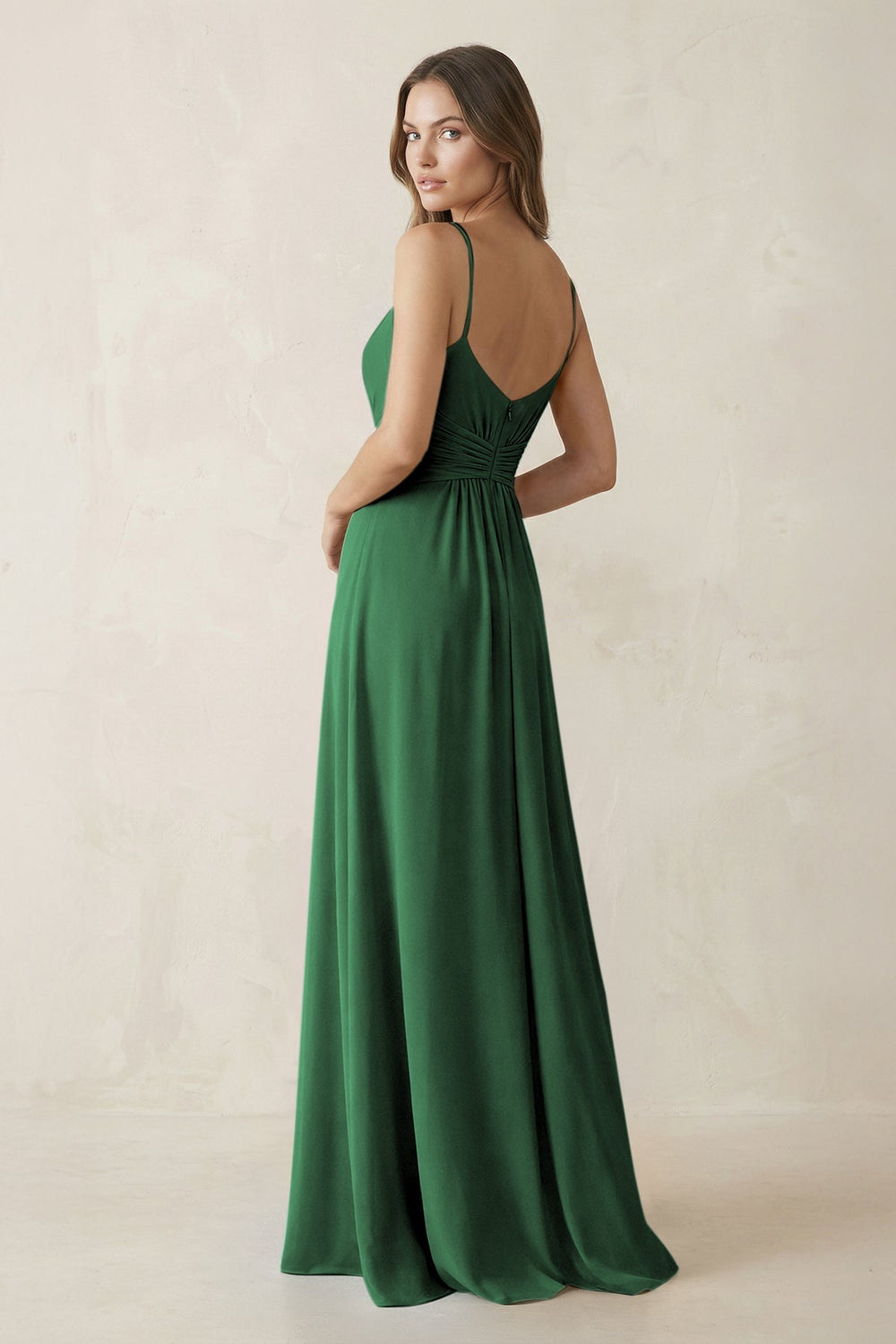 Spaghetti Strap Ruched Chiffon A - Line Bridesmaid Dress in Dark Green - KISS BRIDAL Bridesmaid Dresses