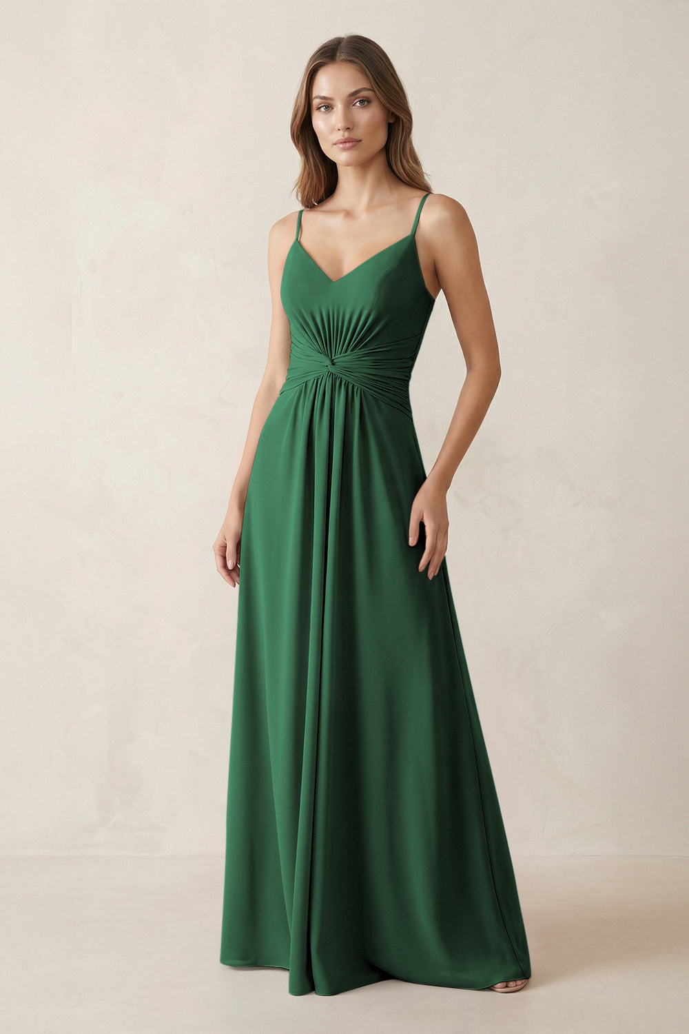 Spaghetti Strap Ruched Chiffon A-Line Bridesmaid Dress in Dark Green