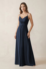 Spaghetti Strap Ruched Chiffon A - Line Bridesmaid Dress in Dark Navy - KISS BRIDAL Bridesmaid Dresses