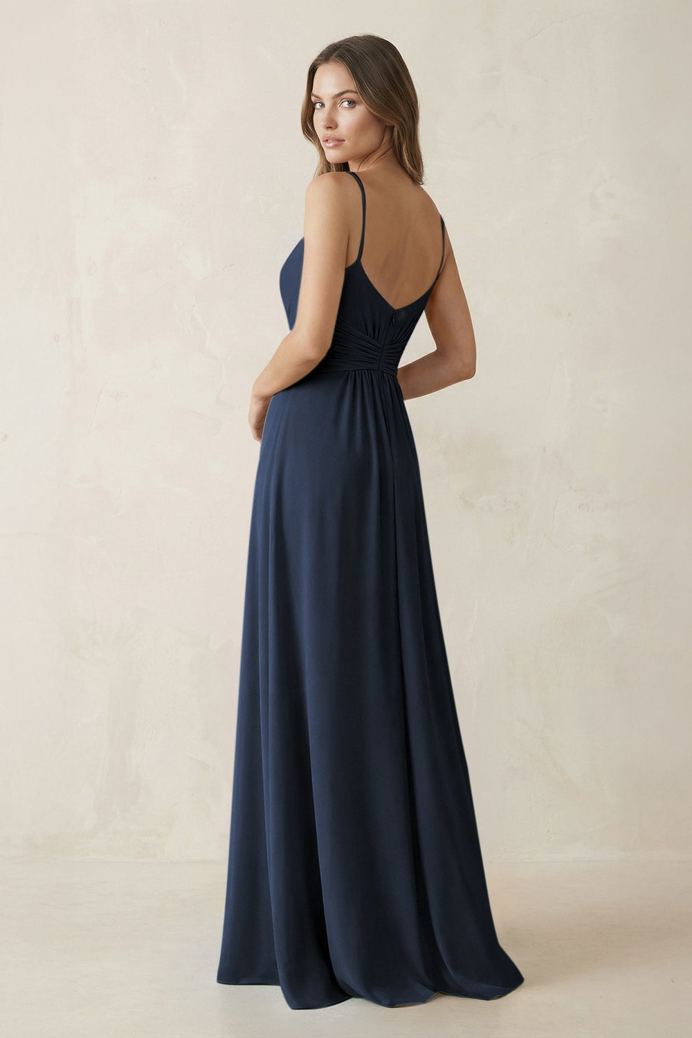 Spaghetti Strap Ruched Chiffon A - Line Bridesmaid Dress in Dark Navy - KISS BRIDAL Bridesmaid Dresses
