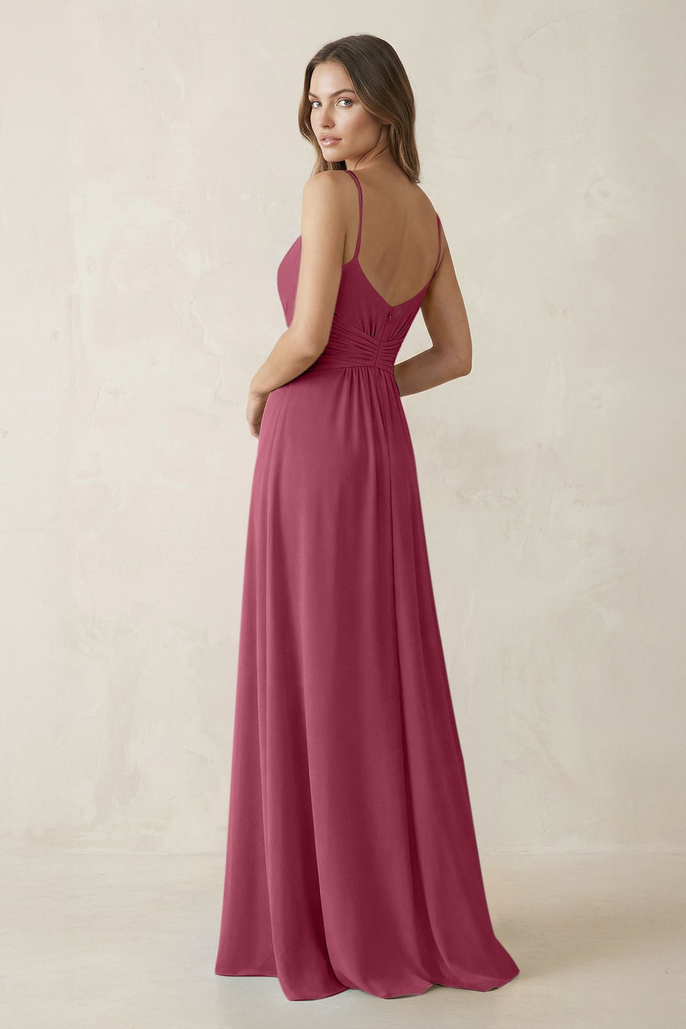 Spaghetti Strap Ruched Chiffon A - Line Bridesmaid Dress in Desert Rose - KISS BRIDAL Bridesmaid Dresses