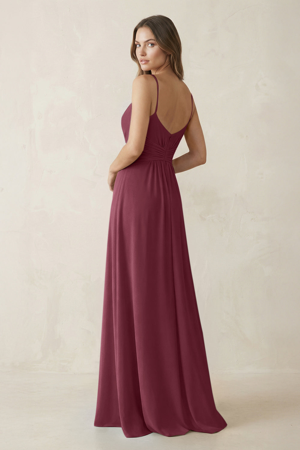 Spaghetti Strap Ruched Chiffon A-Line Bridesmaid Dress in Desert Rose