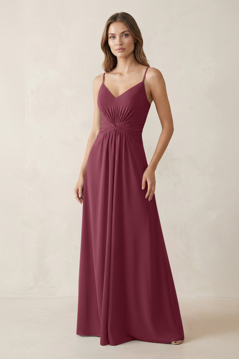 Spaghetti Strap Ruched Chiffon A-Line Bridesmaid Dress in Desert Rose