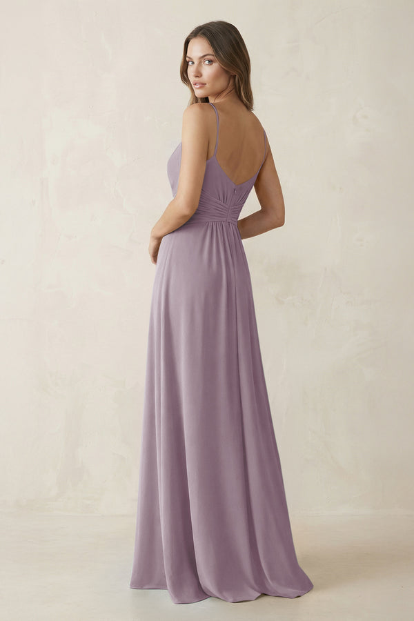 Spaghetti Strap Ruched Chiffon A-Line Bridesmaid Dress in Dusk (2) | KISSBRIDAL