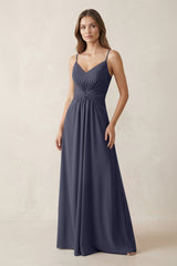 Spaghetti Strap Ruched Chiffon A - Line Bridesmaid Dress in Dusk Blue - KISS BRIDAL Bridesmaid Dresses
