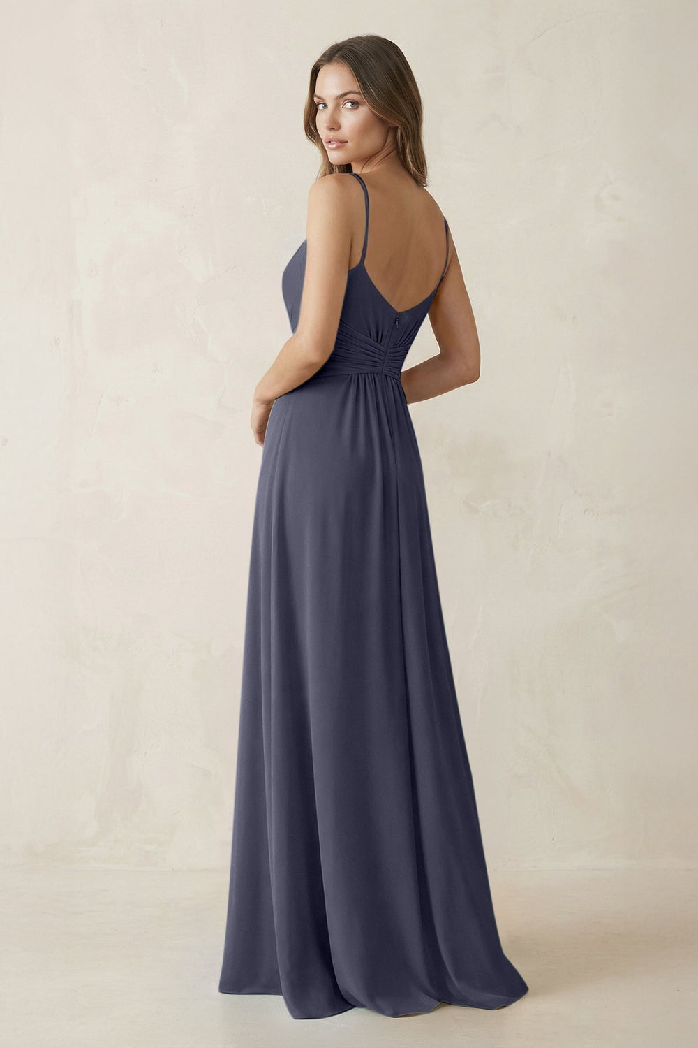 Spaghetti Strap Ruched Chiffon A - Line Bridesmaid Dress in Dusk Blue - KISS BRIDAL Bridesmaid Dresses