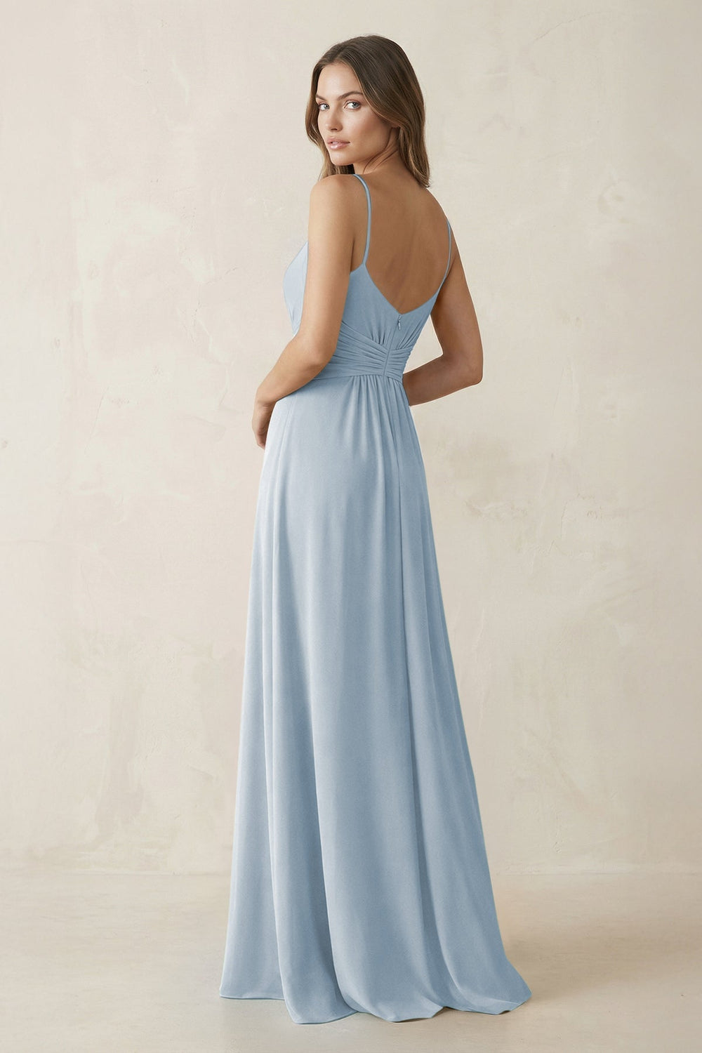 Spaghetti Strap Ruched Chiffon A - Line Bridesmaid Dress in Dusty Blue - KISS BRIDAL Bridesmaid Dresses