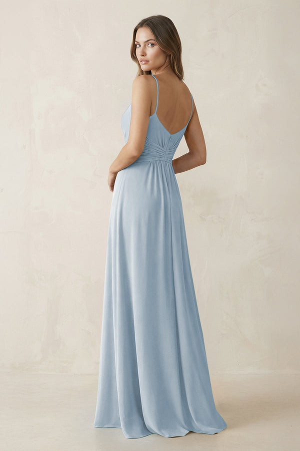 Spaghetti Strap Ruched Chiffon A - Line Bridesmaid Dress in Dusty Blue - SHE IS ME Bridesmaid Dresses