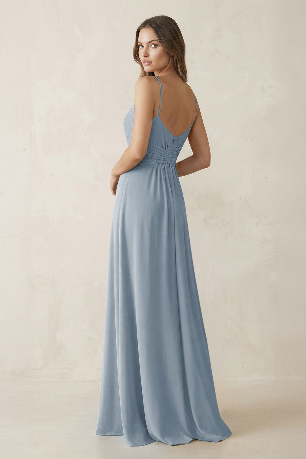 Spaghetti Strap Ruched Chiffon A-Line Bridesmaid Dress in Dusty Blue